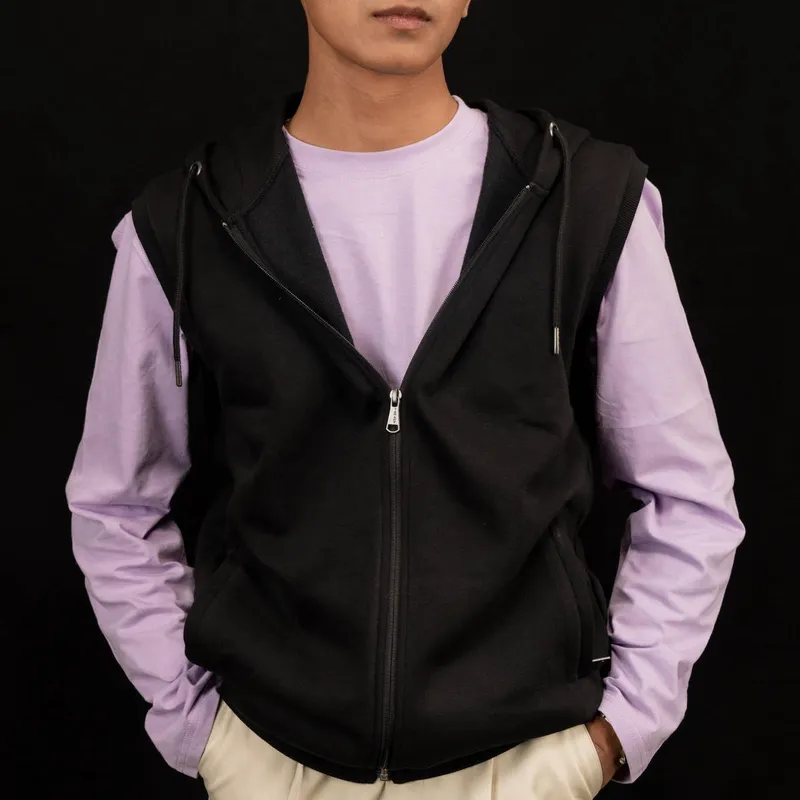 Elite Raven Black Sleeveless Zipper Hoodie
