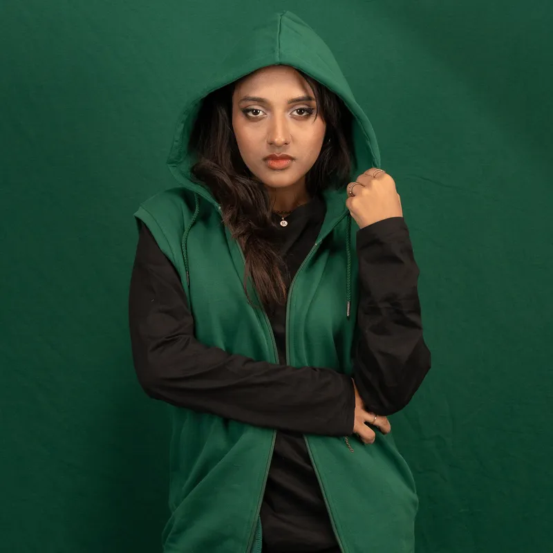 Elite Emerald Green Sleeveless Zipper Hoodie